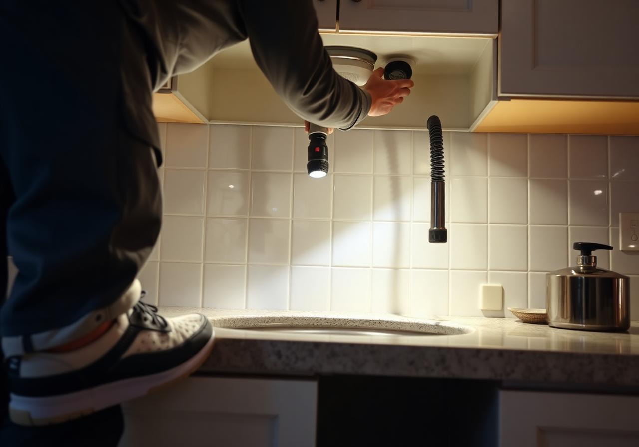 Technician wearing shoe coverings while inspecting under a kitchen sink with a flashlight.