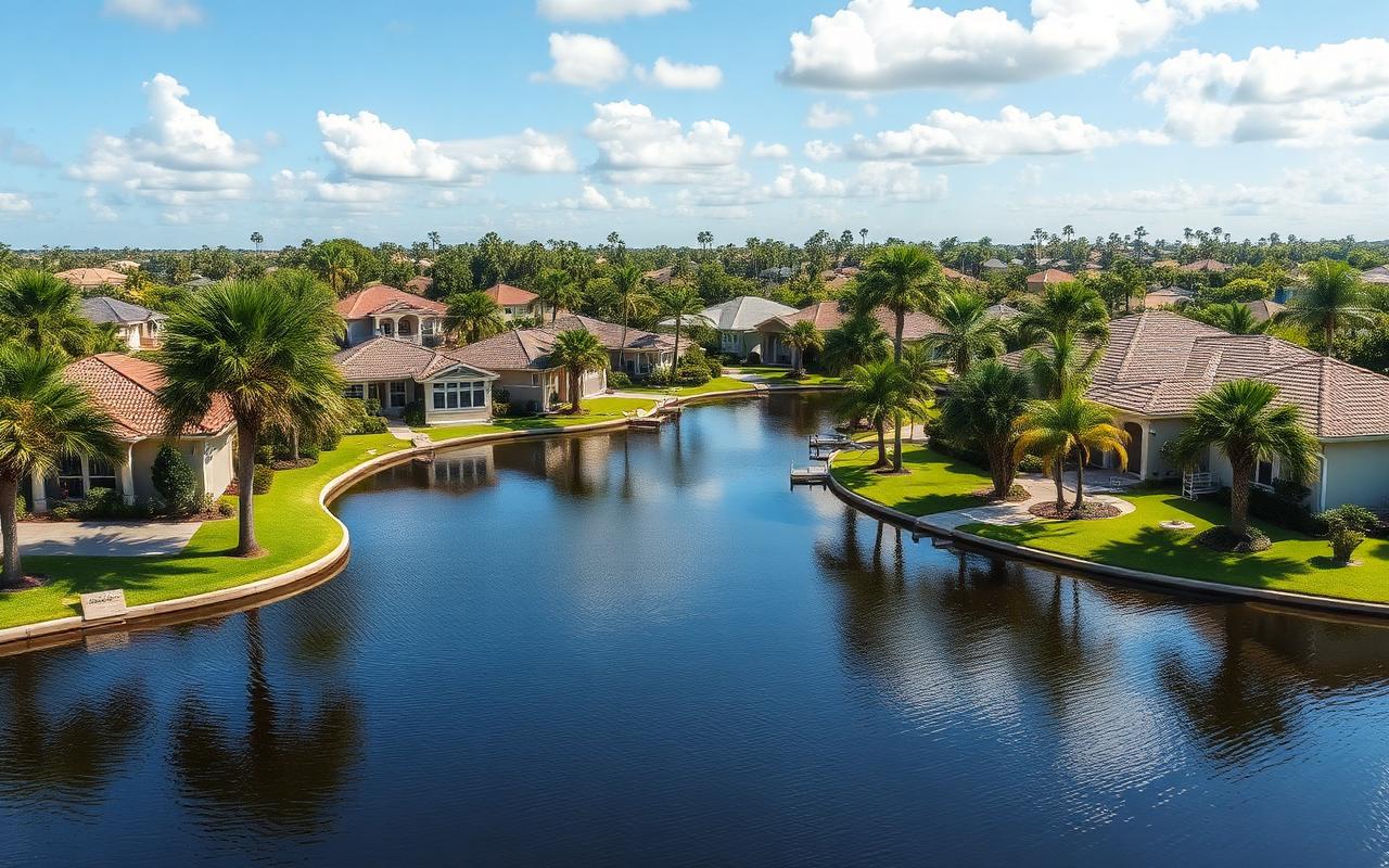 Carrollwood, Florida lakefront neighborhood with palm trees.