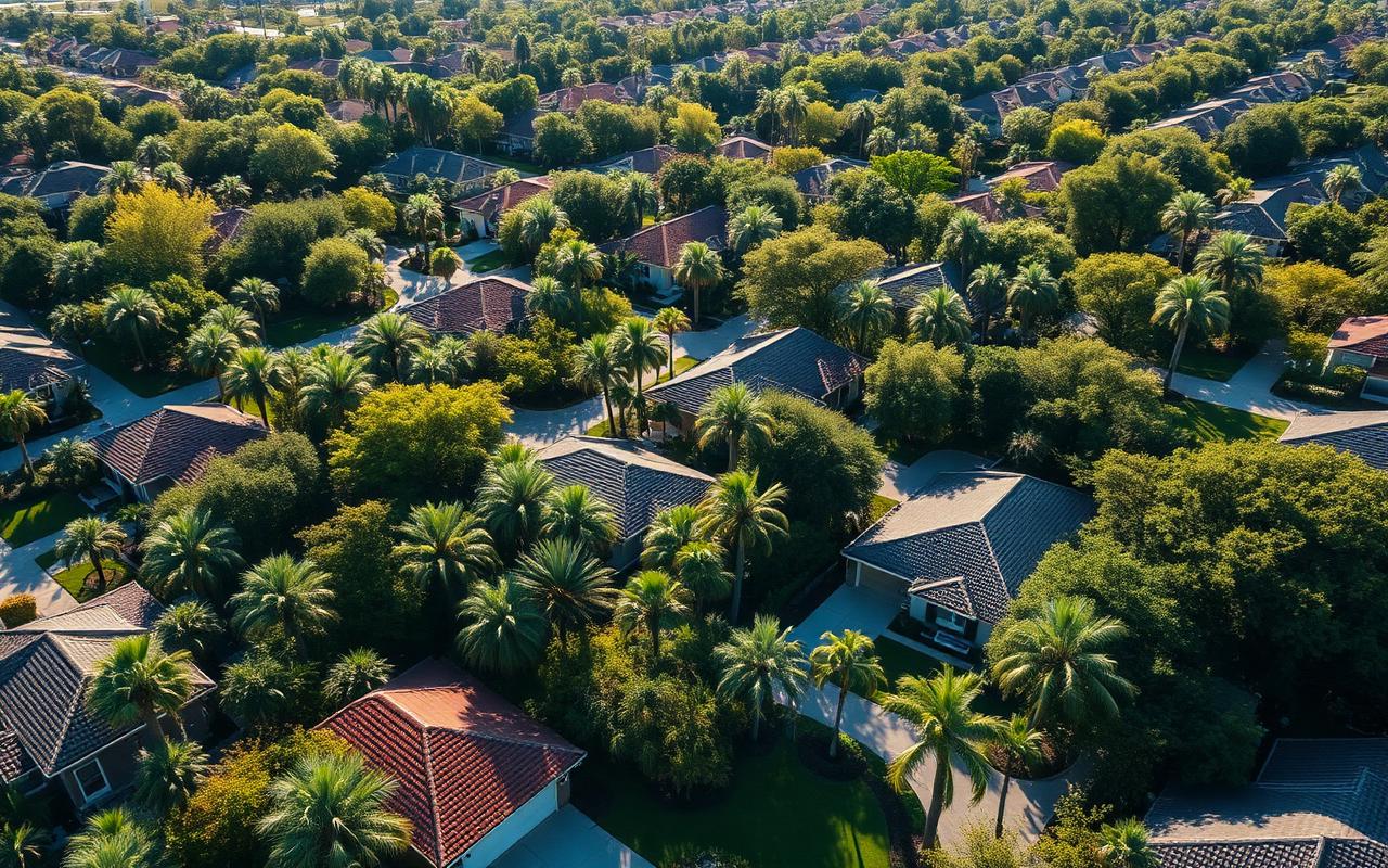 Aerial view of a leafy Temple Terrace, Florida residential neighborhood.