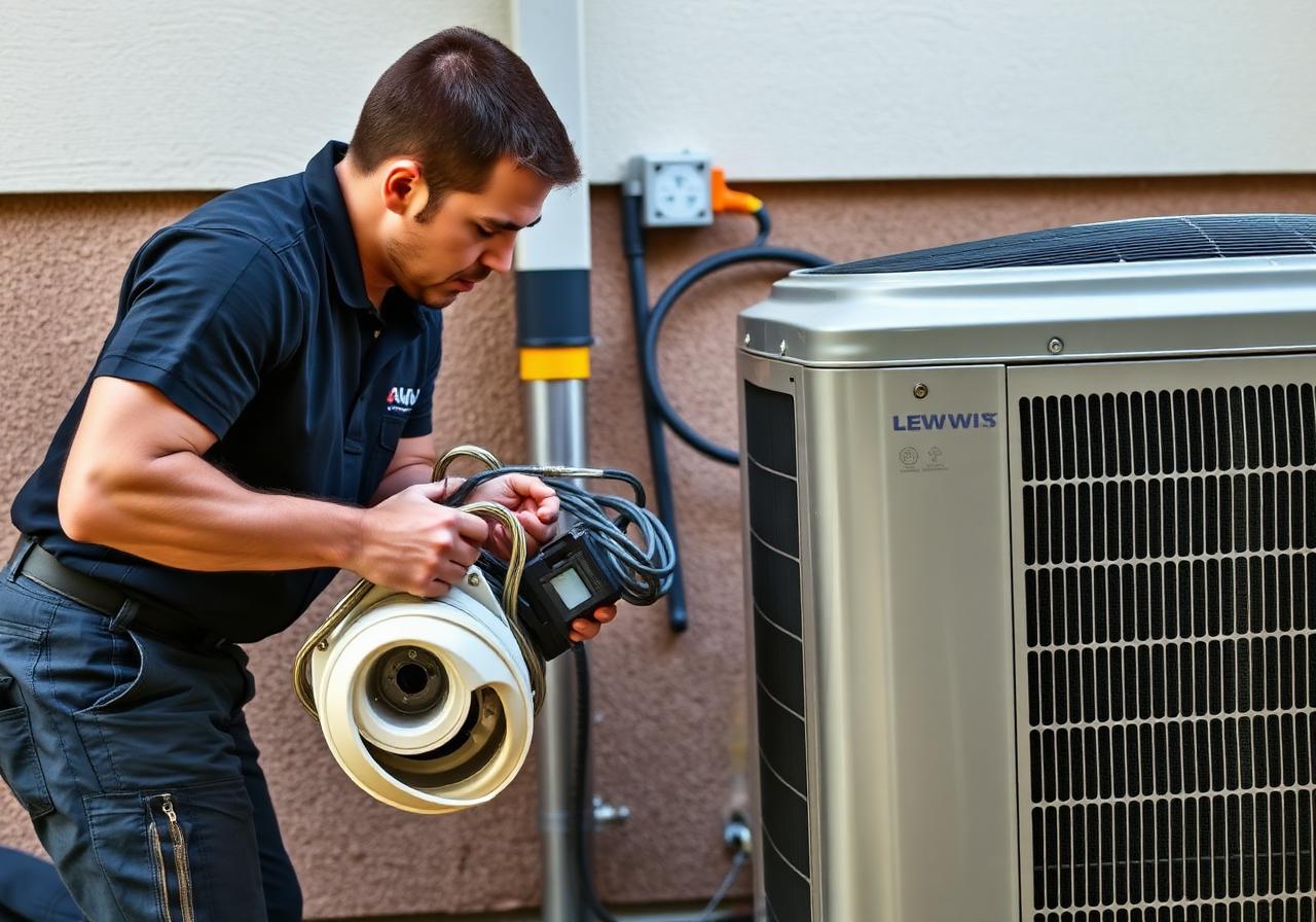 Technician working on a residential A/C condenser unit with replacement parts.