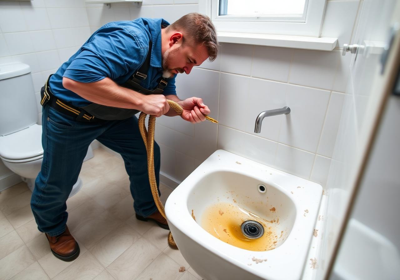 Plumber using a drain auger to clear a sink drain.