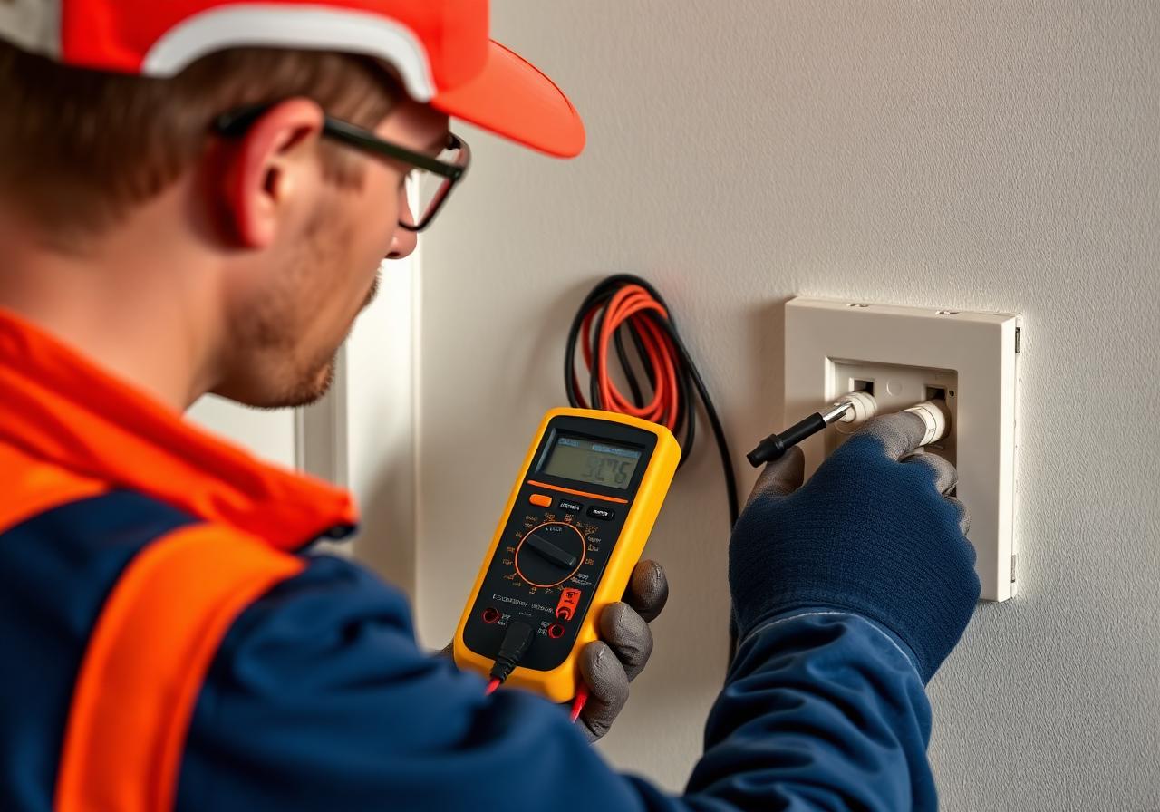 Electrician using a multimeter to test a residential outlet.