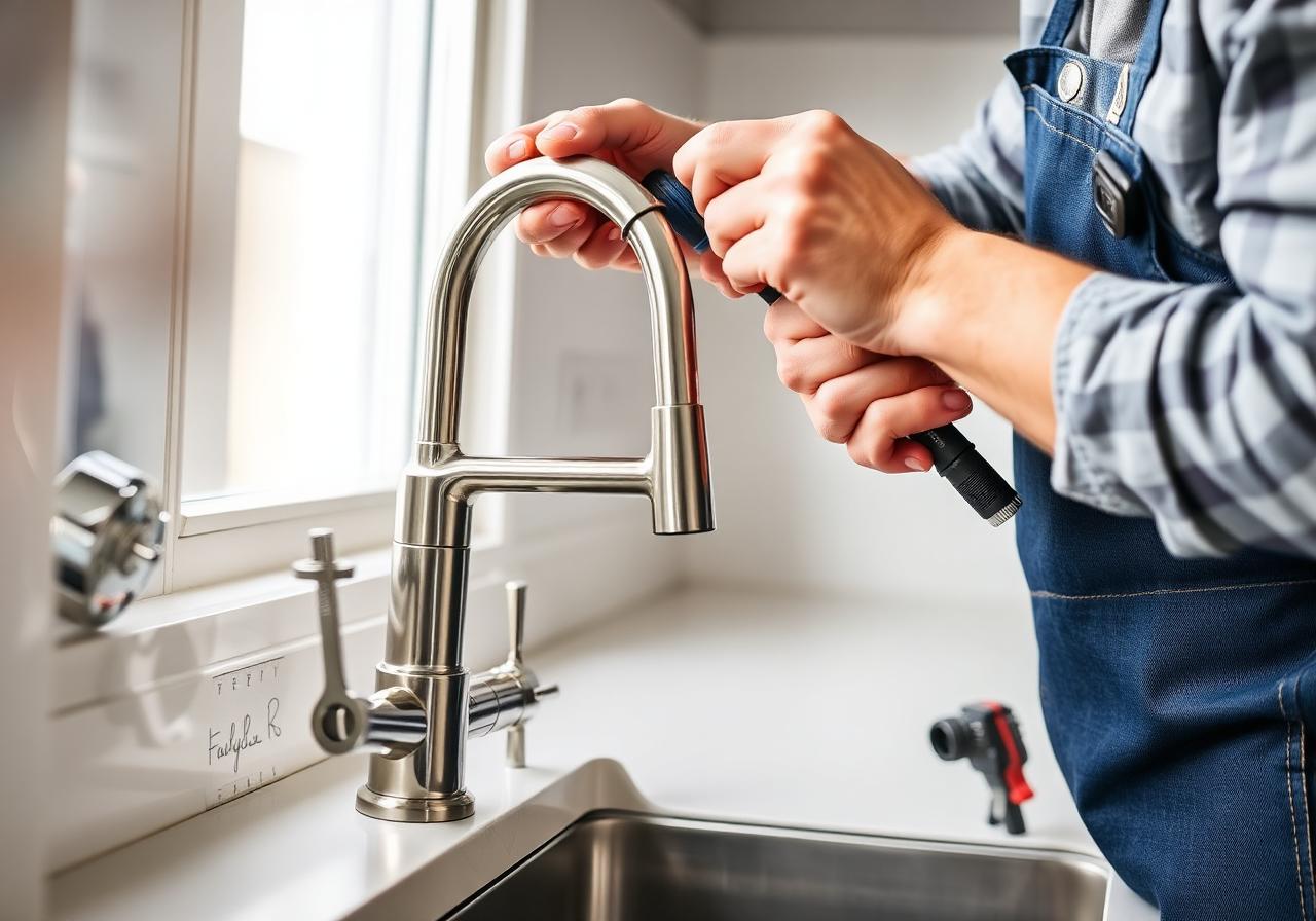 Plumber installing a brushed nickel kitchen faucet.