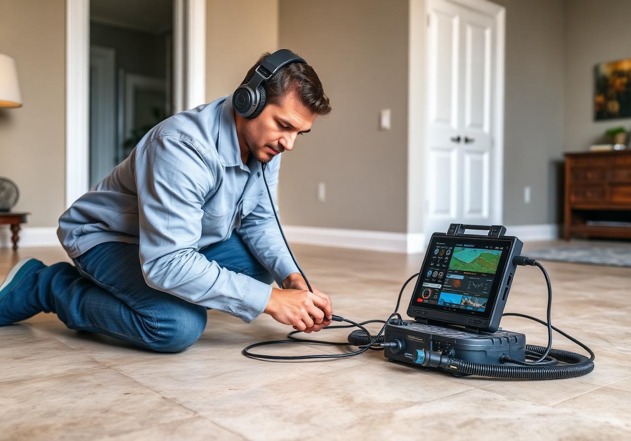 Technician using electronic leak detection equipment on a tile floor.