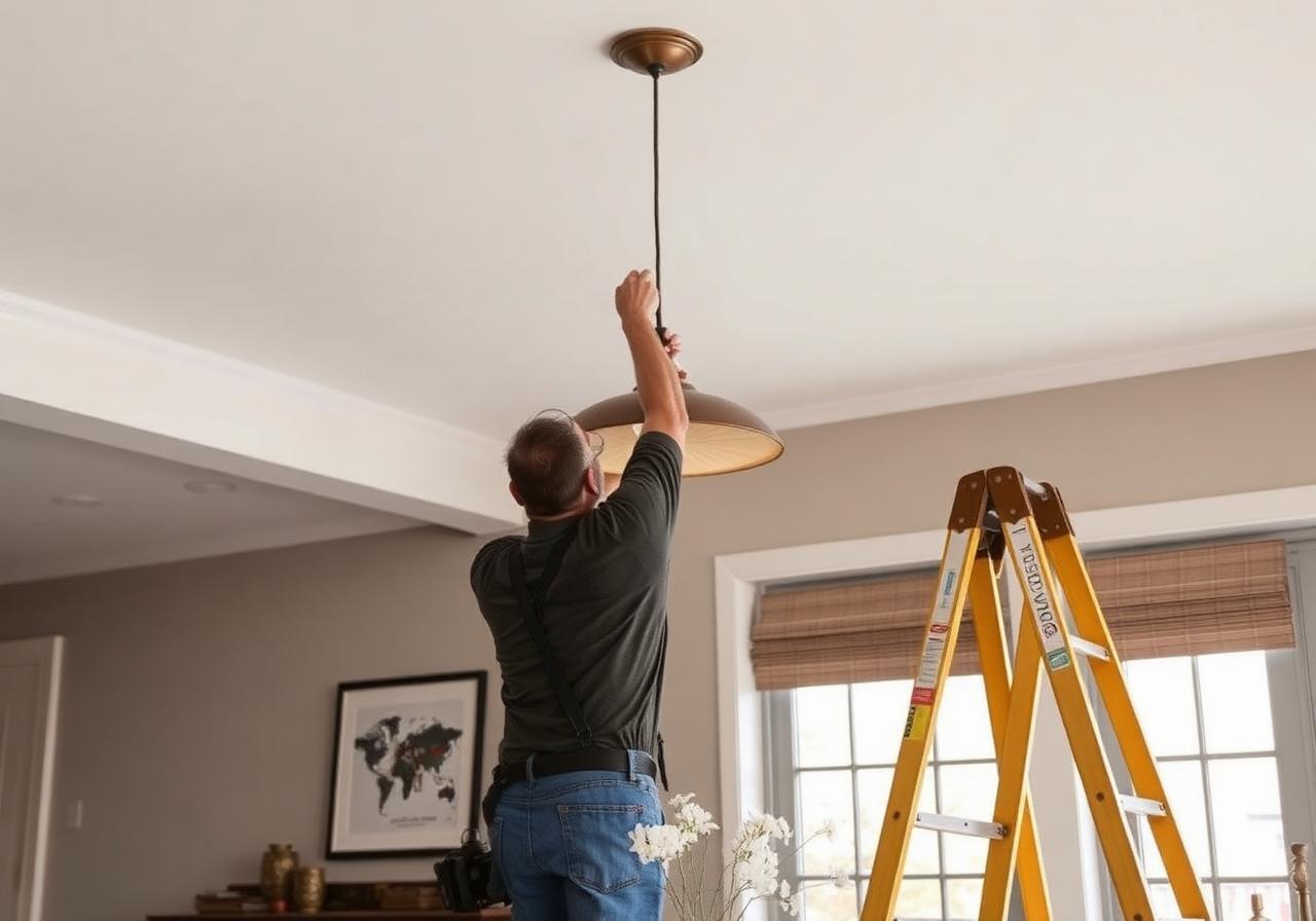 Electrician installing a pendant light fixture from a ladder.