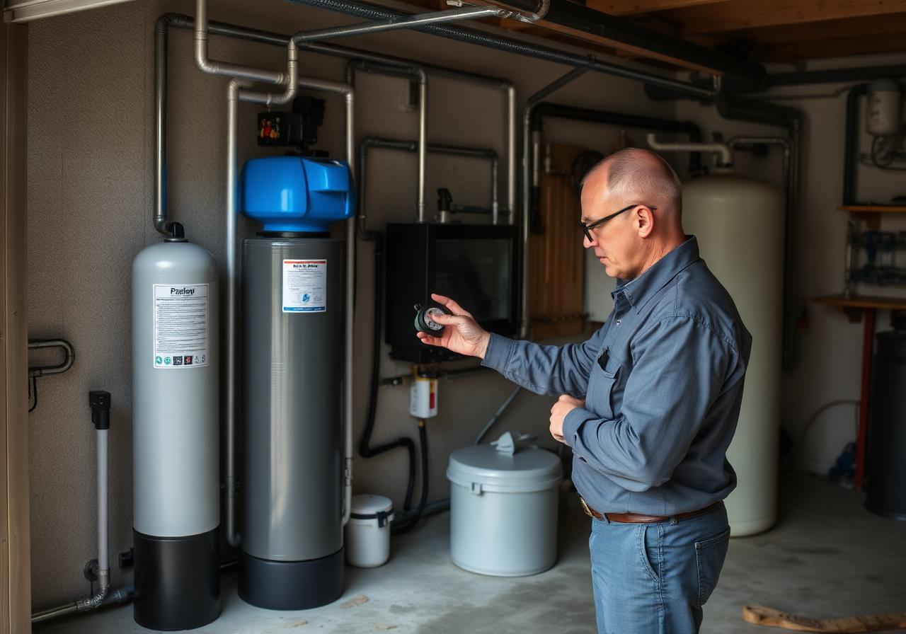 Whole-home water softener system in a residential garage.