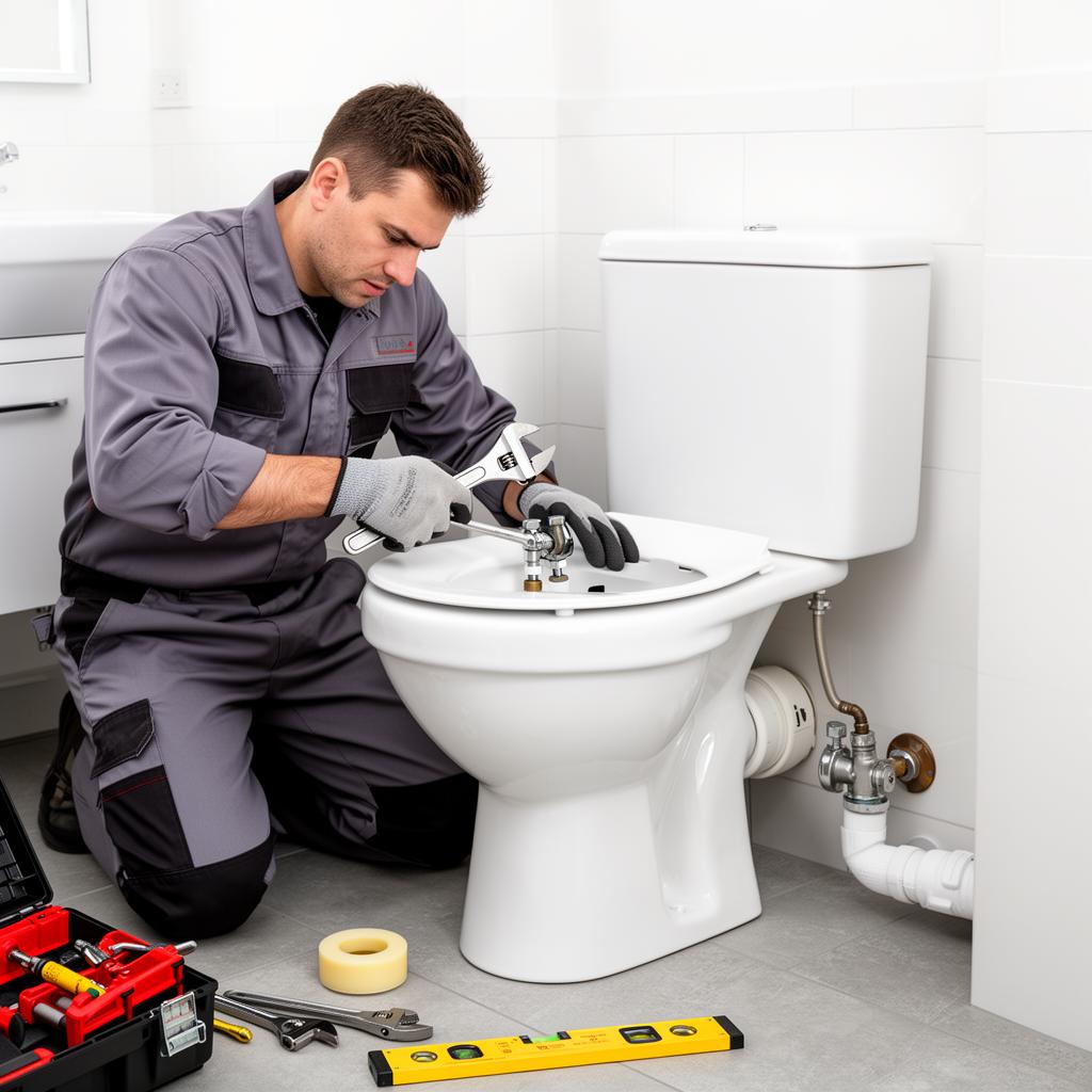 Plumber installing a new white toilet in a bathroom.